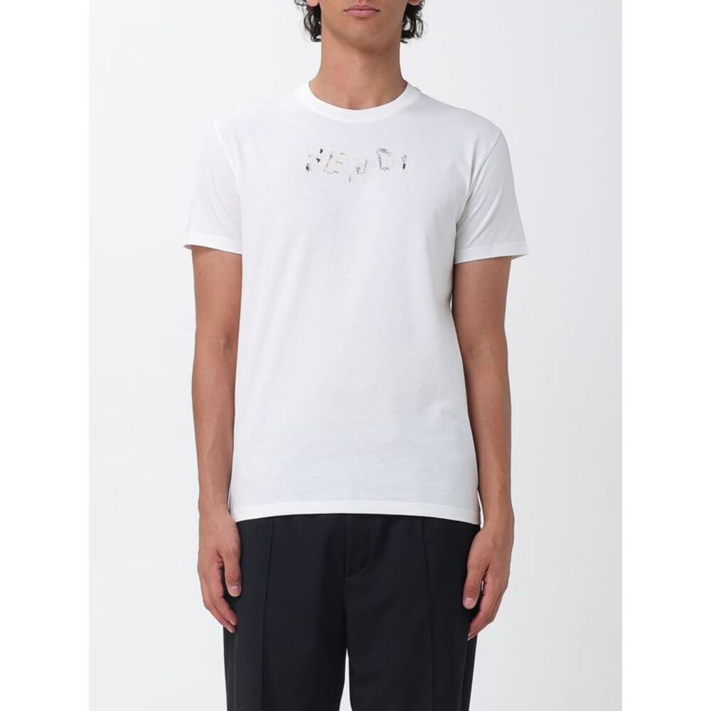 Fendi Men Slim Fit Cotton T-Shirt Fendi With Contrast Embroidered Logo